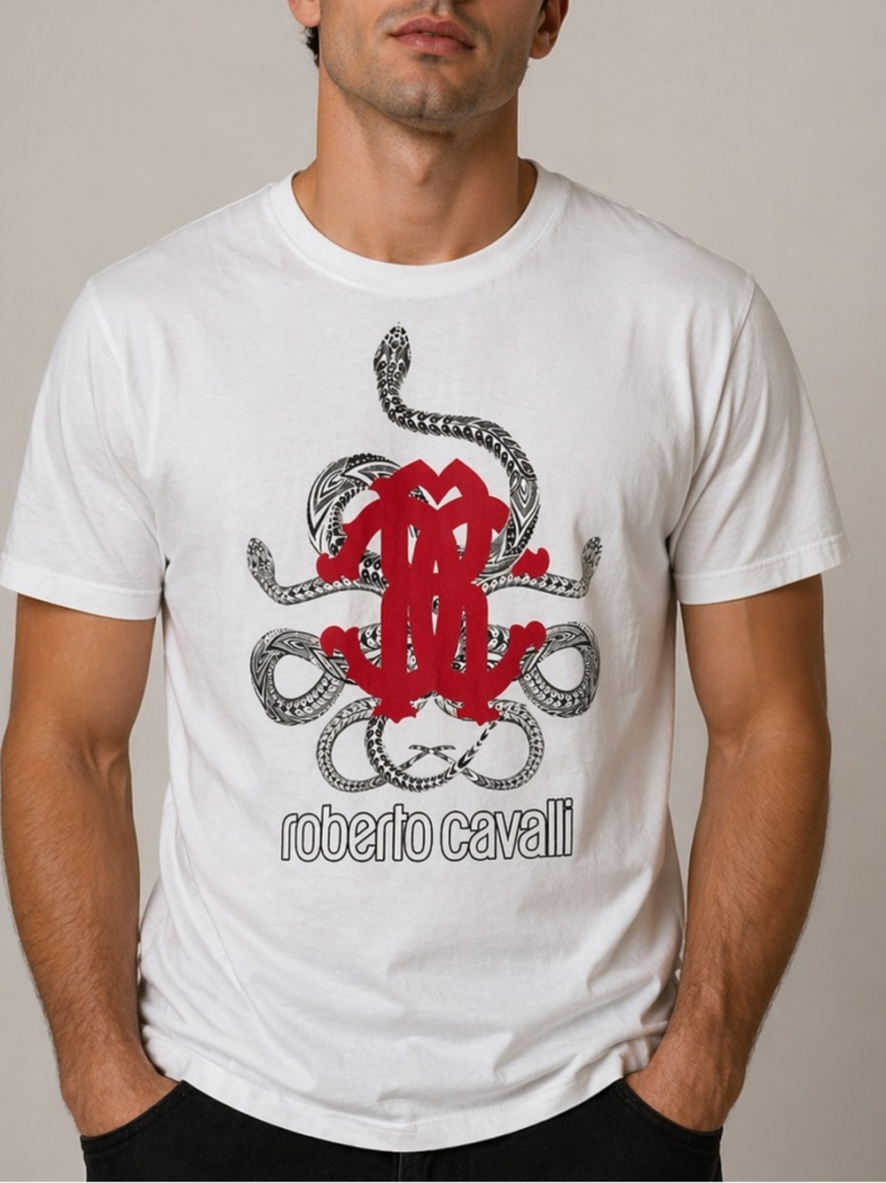 Roberto Cavalli White Tee with Red Logo and Black Snake Graphic Size M Cotton